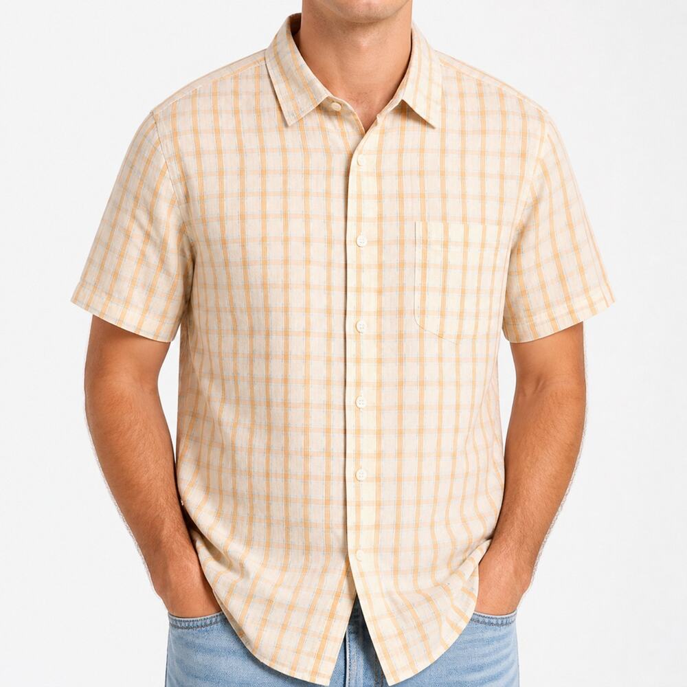 Alan Flusser Shirt Men Large Orange Blue Linen Short Sleeve Regular Fit